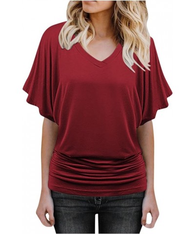 Women's Crop Tank Fashion Summer 2024 Bat Sleeve Casual Solid T-Shirt Tops Blouse Wine $6.30 Tanks