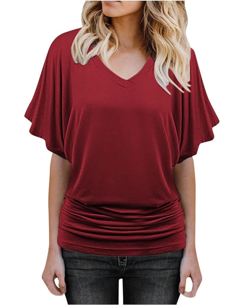 Women's Crop Tank Fashion Summer 2024 Bat Sleeve Casual Solid T-Shirt Tops Blouse Wine $6.30 Tanks