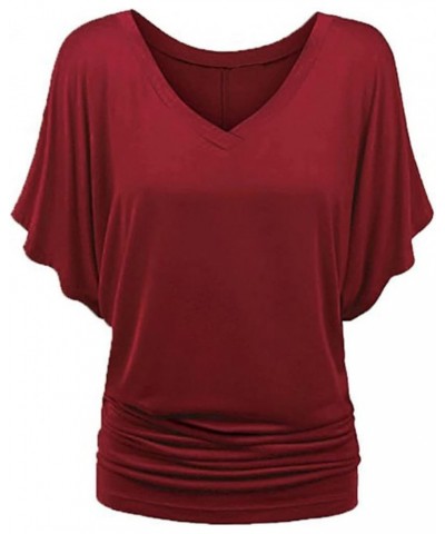 Women's Crop Tank Fashion Summer 2024 Bat Sleeve Casual Solid T-Shirt Tops Blouse Wine $6.30 Tanks