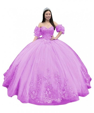 Sparkly Tulle Quinceanera Dresses Ball Gown Puffy Sleeves Lace Sweet 16 Dresses Beaded Floral Prom Dress Y101 Light Purple $5...