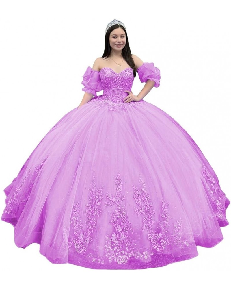 Sparkly Tulle Quinceanera Dresses Ball Gown Puffy Sleeves Lace Sweet 16 Dresses Beaded Floral Prom Dress Y101 Light Purple $5...