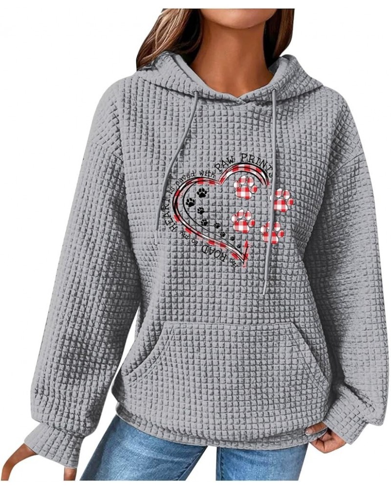 Women's Waffle-knit Hooded Sweatshirt Cute Love Heart Dog Paw Printed Pullover Fall Winter Trendy Clothes Gray $9.61 Hoodies ...