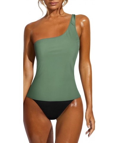 Tankini Bathing Suits for Women One Shoulder Swimwear Asymmetric Tummy Control Two Piece Swimsuits Army Green $13.33 Swimsuits