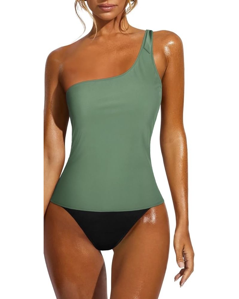 Tankini Bathing Suits for Women One Shoulder Swimwear Asymmetric Tummy Control Two Piece Swimsuits Army Green $13.33 Swimsuits