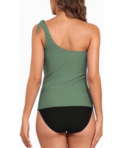 Tankini Bathing Suits for Women One Shoulder Swimwear Asymmetric Tummy Control Two Piece Swimsuits Army Green $13.33 Swimsuits