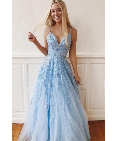 Women's Flower Spaghetti Straps V Neck Pleated Tulle Prom Dresses with Applique A Line Floor Length Backless Ball Gowns SR010...