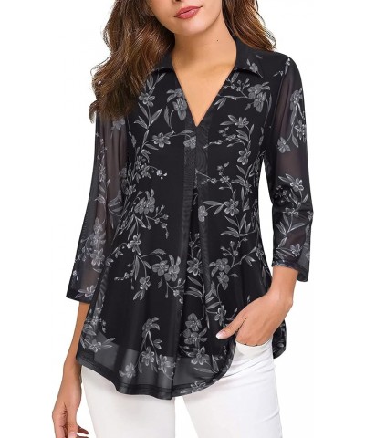 Womens 3/4 Sleeve Mesh Blouses Double Layers Tops Casual V Neck Floral Shirts Multi Black $10.56 Tops