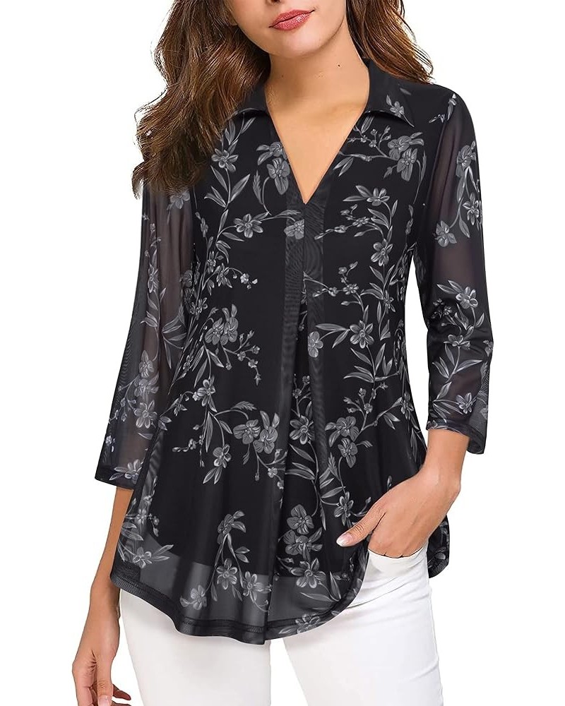 Womens 3/4 Sleeve Mesh Blouses Double Layers Tops Casual V Neck Floral Shirts Multi Black $10.56 Tops