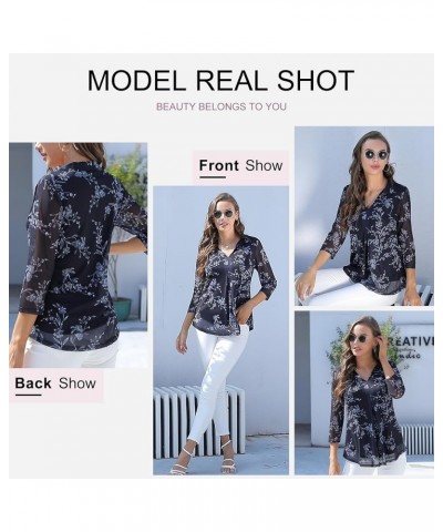 Womens 3/4 Sleeve Mesh Blouses Double Layers Tops Casual V Neck Floral Shirts Multi Black $10.56 Tops