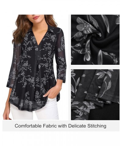 Womens 3/4 Sleeve Mesh Blouses Double Layers Tops Casual V Neck Floral Shirts Multi Black $10.56 Tops