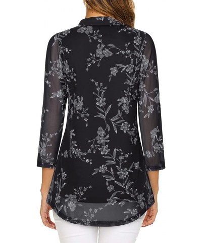 Womens 3/4 Sleeve Mesh Blouses Double Layers Tops Casual V Neck Floral Shirts Multi Black $10.56 Tops