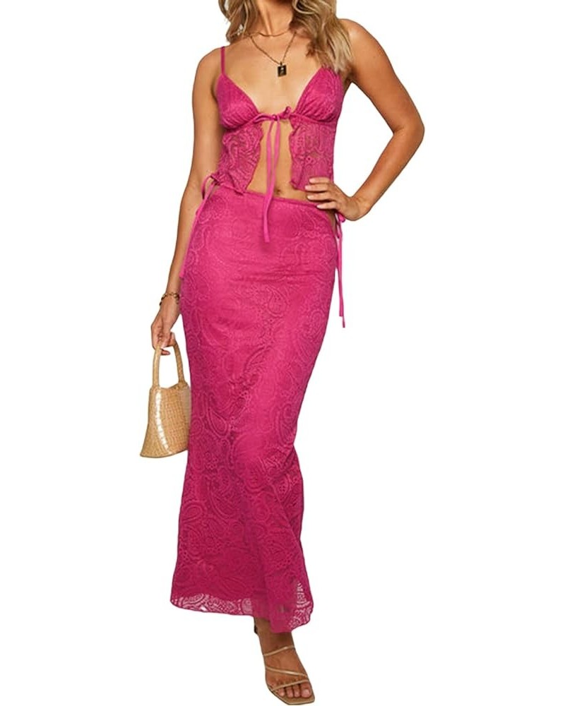 Women 2 Piece Maxi Skirt Set Y2k Lace Up Back Tie Up Tank Tops Bodycon Long Skirt Summer Party Club Streetwear M Rosy Red $10...