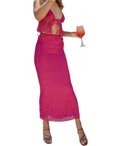 Women 2 Piece Maxi Skirt Set Y2k Lace Up Back Tie Up Tank Tops Bodycon Long Skirt Summer Party Club Streetwear M Rosy Red $10...