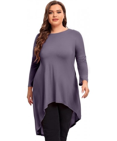 Womens Plus Size Long Sleeve Hi Low Tunic Tops Long Loose Fit Flare Basic Swing Blouse Tops Shirt For Leggings Brown Purple $...