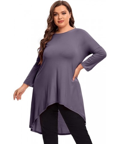 Womens Plus Size Long Sleeve Hi Low Tunic Tops Long Loose Fit Flare Basic Swing Blouse Tops Shirt For Leggings Brown Purple $...