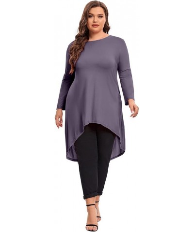 Womens Plus Size Long Sleeve Hi Low Tunic Tops Long Loose Fit Flare Basic Swing Blouse Tops Shirt For Leggings Brown Purple $...