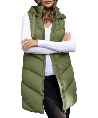 Women's Long Quilted Puffer Vest Sleeveless Hooded Full Zip Padded Jacket Coats with Pockets Green $22.00 Vests