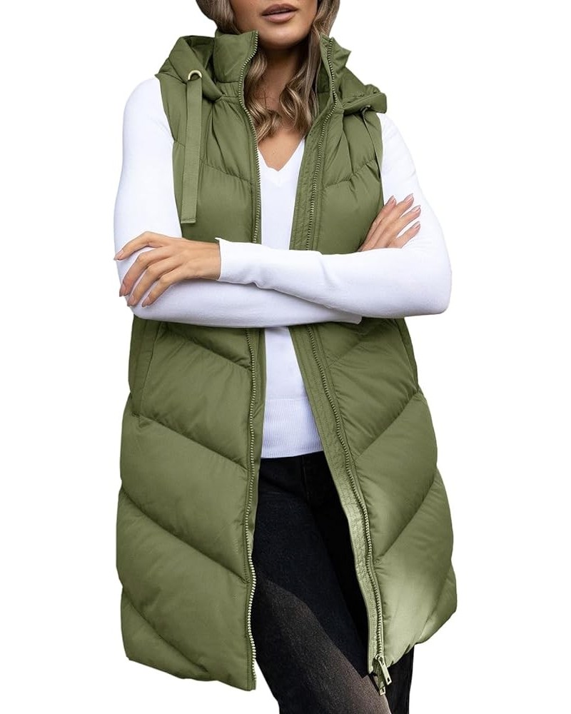 Women's Long Quilted Puffer Vest Sleeveless Hooded Full Zip Padded Jacket Coats with Pockets Green $22.00 Vests