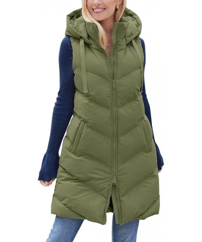 Women's Long Quilted Puffer Vest Sleeveless Hooded Full Zip Padded Jacket Coats with Pockets Green $22.00 Vests