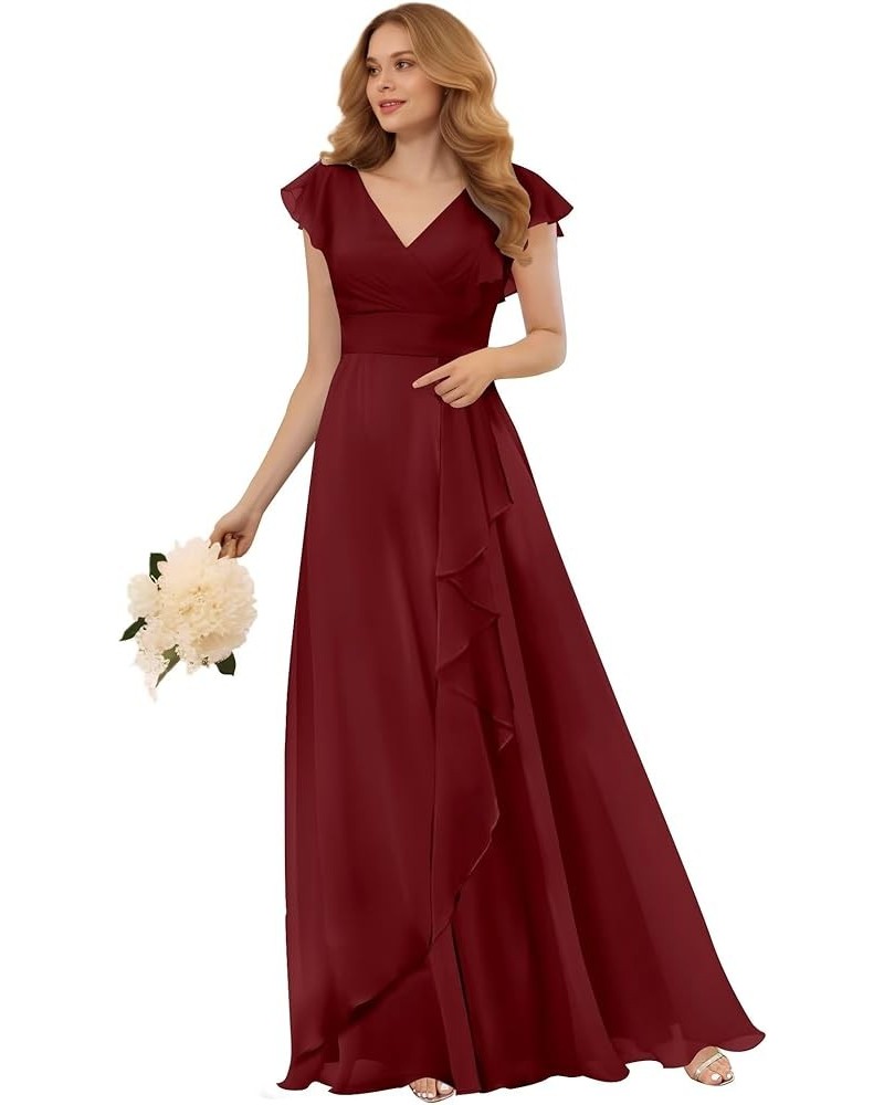 Chiffon Bridesmaid Dresses for Wedding with Sleeves Empire Waist Ruffle Long Formal Dress for Women Burgundy $21.00 Dresses