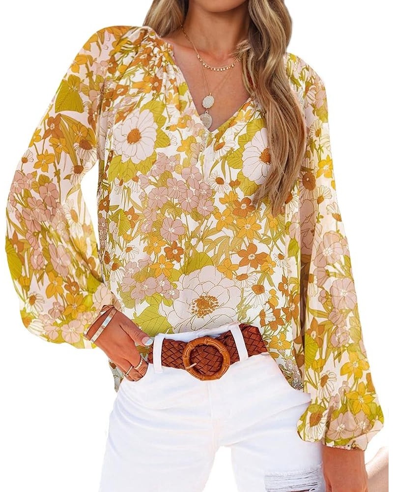 Women Casual Boho Blouse Fashion Floral Shirts V Neck Long Puff Sleeve Lightweight Chiffon Spring Summer Tops 2024 Floral Yel...