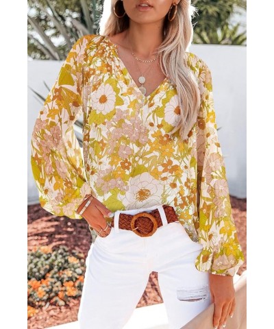 Women Casual Boho Blouse Fashion Floral Shirts V Neck Long Puff Sleeve Lightweight Chiffon Spring Summer Tops 2024 Floral Yel...