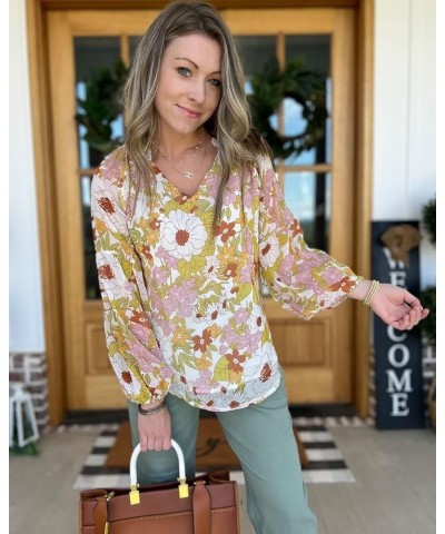 Women Casual Boho Blouse Fashion Floral Shirts V Neck Long Puff Sleeve Lightweight Chiffon Spring Summer Tops 2024 Floral Yel...