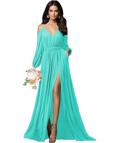 V Neck Long Sleeve Bridesmaid Dresses with Slit Pockets Spaghetti Straps Chiffon Formal Prom Evening Gown Turquoise $34.44 Dr...