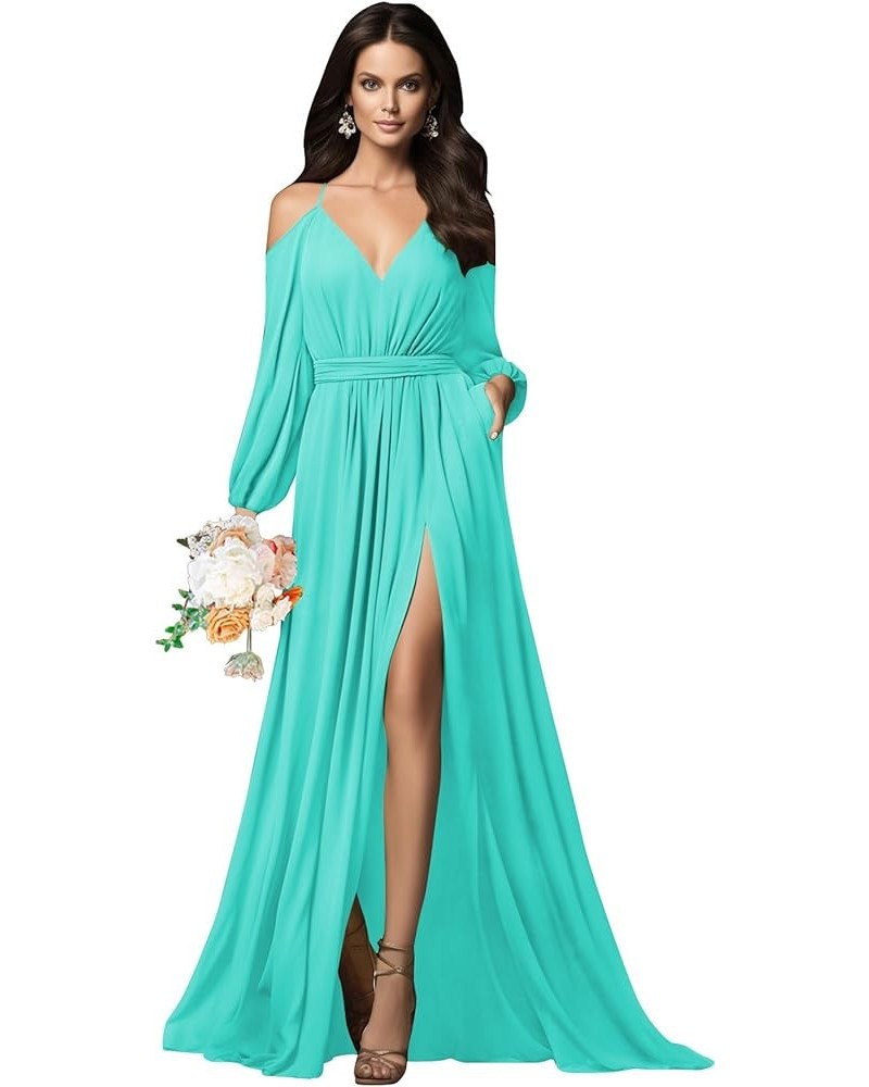 V Neck Long Sleeve Bridesmaid Dresses with Slit Pockets Spaghetti Straps Chiffon Formal Prom Evening Gown Turquoise $34.44 Dr...