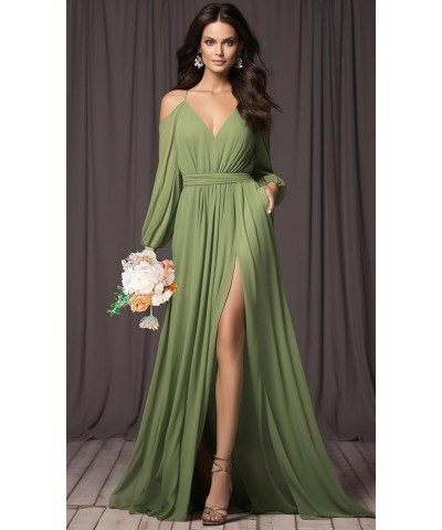 V Neck Long Sleeve Bridesmaid Dresses with Slit Pockets Spaghetti Straps Chiffon Formal Prom Evening Gown Turquoise $34.44 Dr...