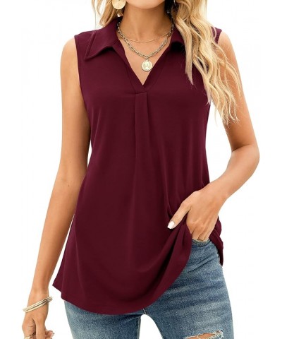 Sleeveless Tops for Women - Summer V Neck Casual Tank Tops Loose Solid Collar Polo Shirts Wine Red $11.75 Tanks