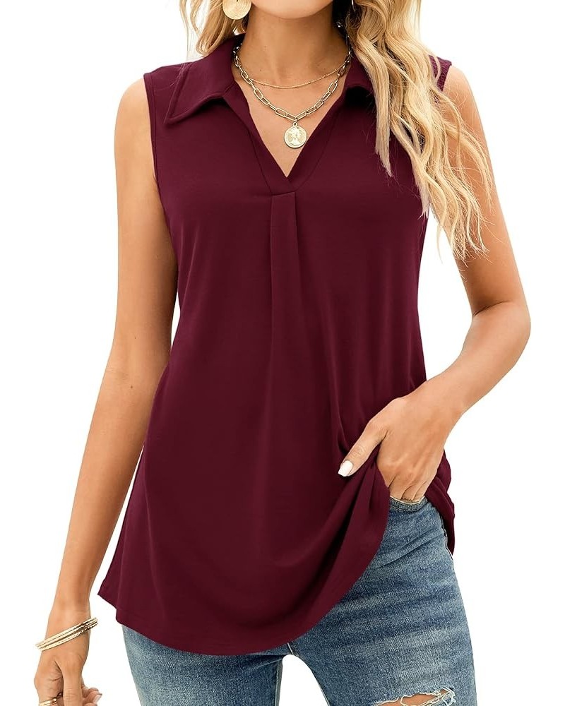 Sleeveless Tops for Women - Summer V Neck Casual Tank Tops Loose Solid Collar Polo Shirts Wine Red $11.75 Tanks