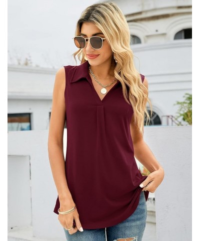 Sleeveless Tops for Women - Summer V Neck Casual Tank Tops Loose Solid Collar Polo Shirts Wine Red $11.75 Tanks