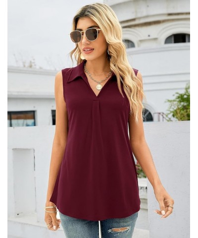 Sleeveless Tops for Women - Summer V Neck Casual Tank Tops Loose Solid Collar Polo Shirts Wine Red $11.75 Tanks