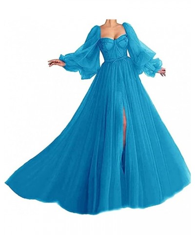 Puffy Sleeve Prom Dresses Long Sweetheart Tulle Split Backless Ball Gowns for Women Formal 2023 Aqua $43.67 Dresses