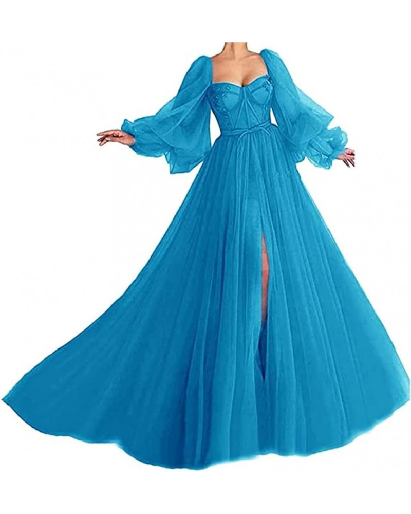 Puffy Sleeve Prom Dresses Long Sweetheart Tulle Split Backless Ball Gowns for Women Formal 2023 Aqua $43.67 Dresses