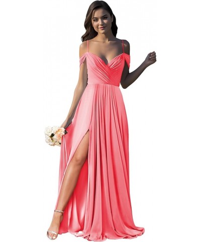 Women’s Off Shoulder Bridesmaid Dresses with Pockets Long Spaghetti Straps Pleats Formal Dress with Slit YG252 Coral $29.69 D...