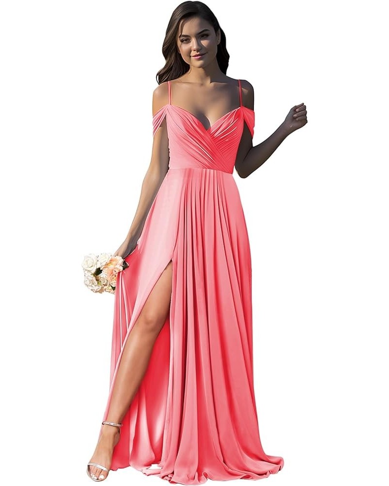 Women’s Off Shoulder Bridesmaid Dresses with Pockets Long Spaghetti Straps Pleats Formal Dress with Slit YG252 Coral $29.69 D...