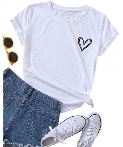 Women's Heart Print T Shirts Summer Funny Short Sleeve Tops Heart White $10.79 Others