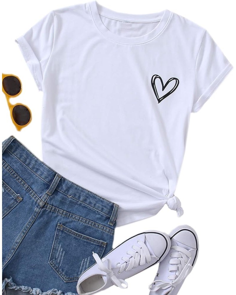 Women's Heart Print T Shirts Summer Funny Short Sleeve Tops Heart White $10.79 Others