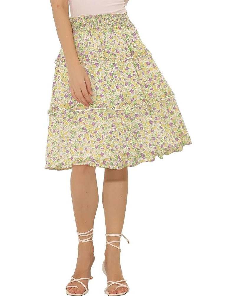 Women's Floral Skirts Summer Smocked Elastic Waist A-Line Below Knee Length Ruffle Tiered Skirt Yellow Purple $14.20 Skirts