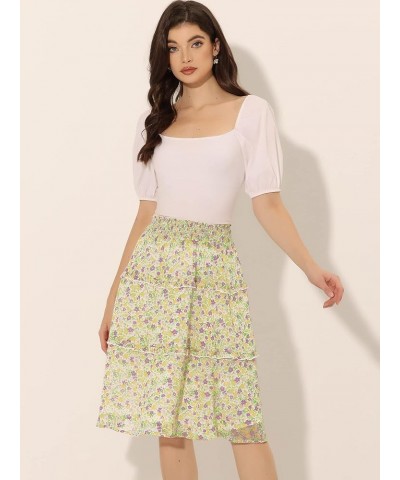 Women's Floral Skirts Summer Smocked Elastic Waist A-Line Below Knee Length Ruffle Tiered Skirt Yellow Purple $14.20 Skirts