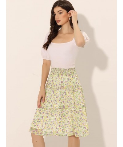 Women's Floral Skirts Summer Smocked Elastic Waist A-Line Below Knee Length Ruffle Tiered Skirt Yellow Purple $14.20 Skirts