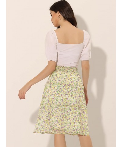 Women's Floral Skirts Summer Smocked Elastic Waist A-Line Below Knee Length Ruffle Tiered Skirt Yellow Purple $14.20 Skirts