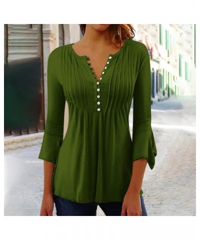 Hide Belly Trendy Tops for Women V Neck Button Pleated Flare Tunic Blouse Bell 3/4 Sleeve Solid Flowy Henley Shirts 7-army Gr...