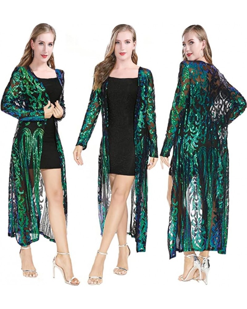 Women's Sparkling Sequin 1920s Cover Up Loose Open Front Long Sleeve Cardigan Coat Dress for Evening Party A1 Green $20.11 Sw...