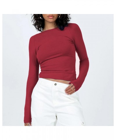 Women Crop Tops Slim Fit Solid Color T-Shirt Crew Neck Y2K Streetwear Basic Shirt Backless Red $7.01 T-Shirts