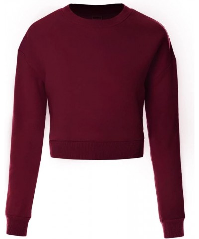 Women's Fleece Long Sleeve Crewneck Cropped Sweatshirt Tops Cropped Burgundy $13.89 Hoodies & Sweatshirts