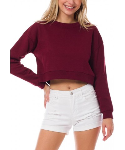 Women's Fleece Long Sleeve Crewneck Cropped Sweatshirt Tops Cropped Burgundy $13.89 Hoodies & Sweatshirts