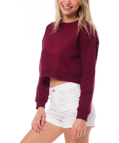 Women's Fleece Long Sleeve Crewneck Cropped Sweatshirt Tops Cropped Burgundy $13.89 Hoodies & Sweatshirts